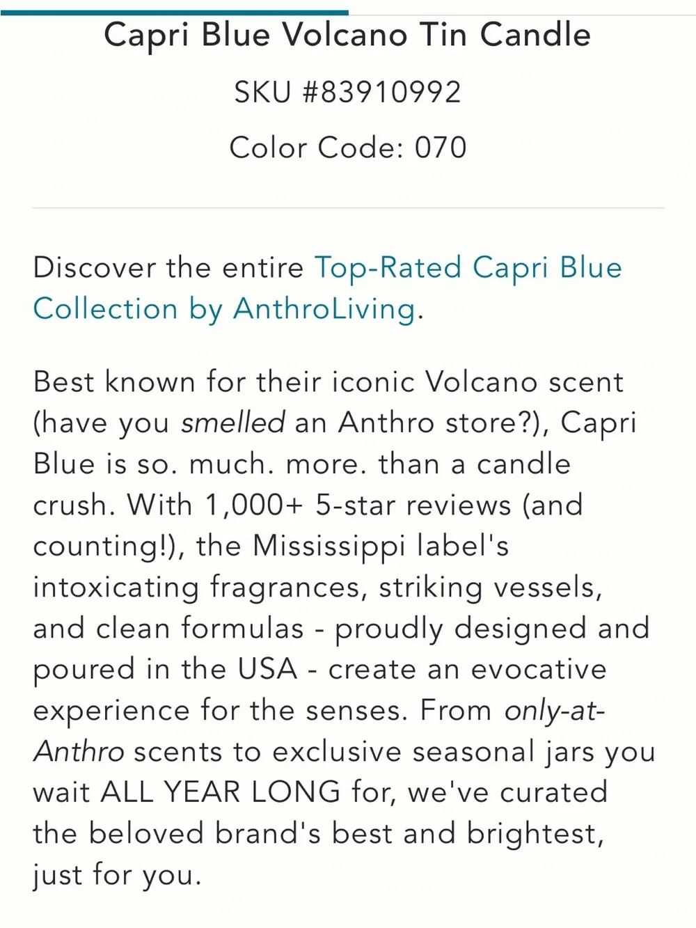 Anthropologie Capri Blue Volcano Candle